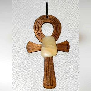 NEW Handcrafted Wooden Ankh Charm Pendant! Genuine Moonstone Stone. 3" x 2" inch